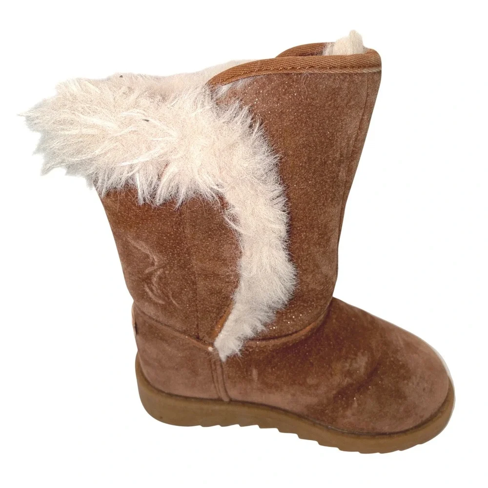 Nine West Girls Brown Glitter‎ Faux Fur Winter Boots Rose Gold Accents Kids